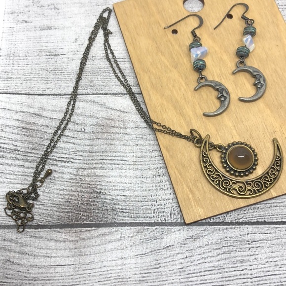Artisan luna half moon boho statement festival earrings free necklace - Picture 2 of 5